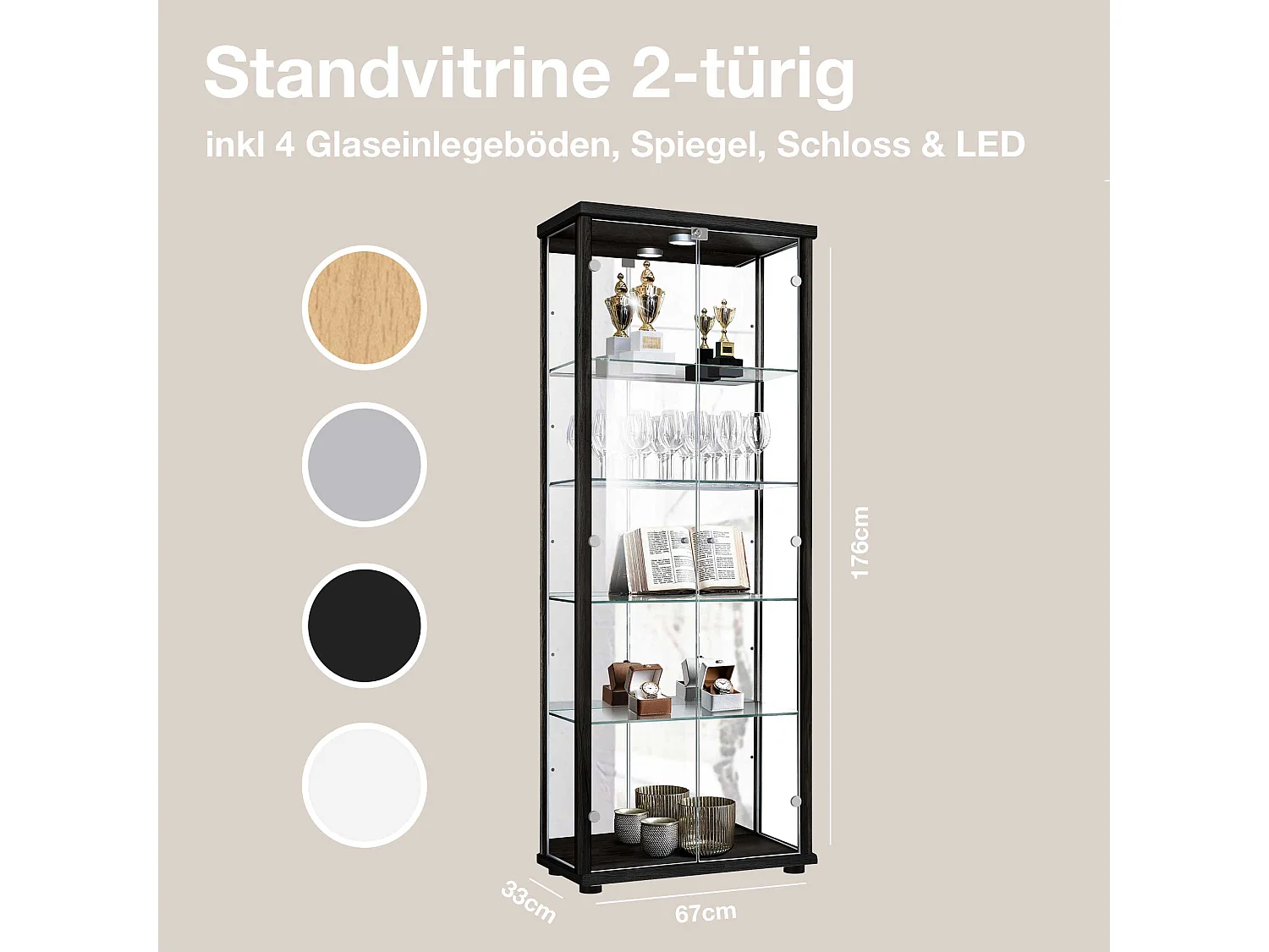 Vitrine sur pied avec 2 portes, 4 étagères en verre réglables en hauteur, miroir & serrure - Avec éclairage LED - 176x67x33 cm - Noir