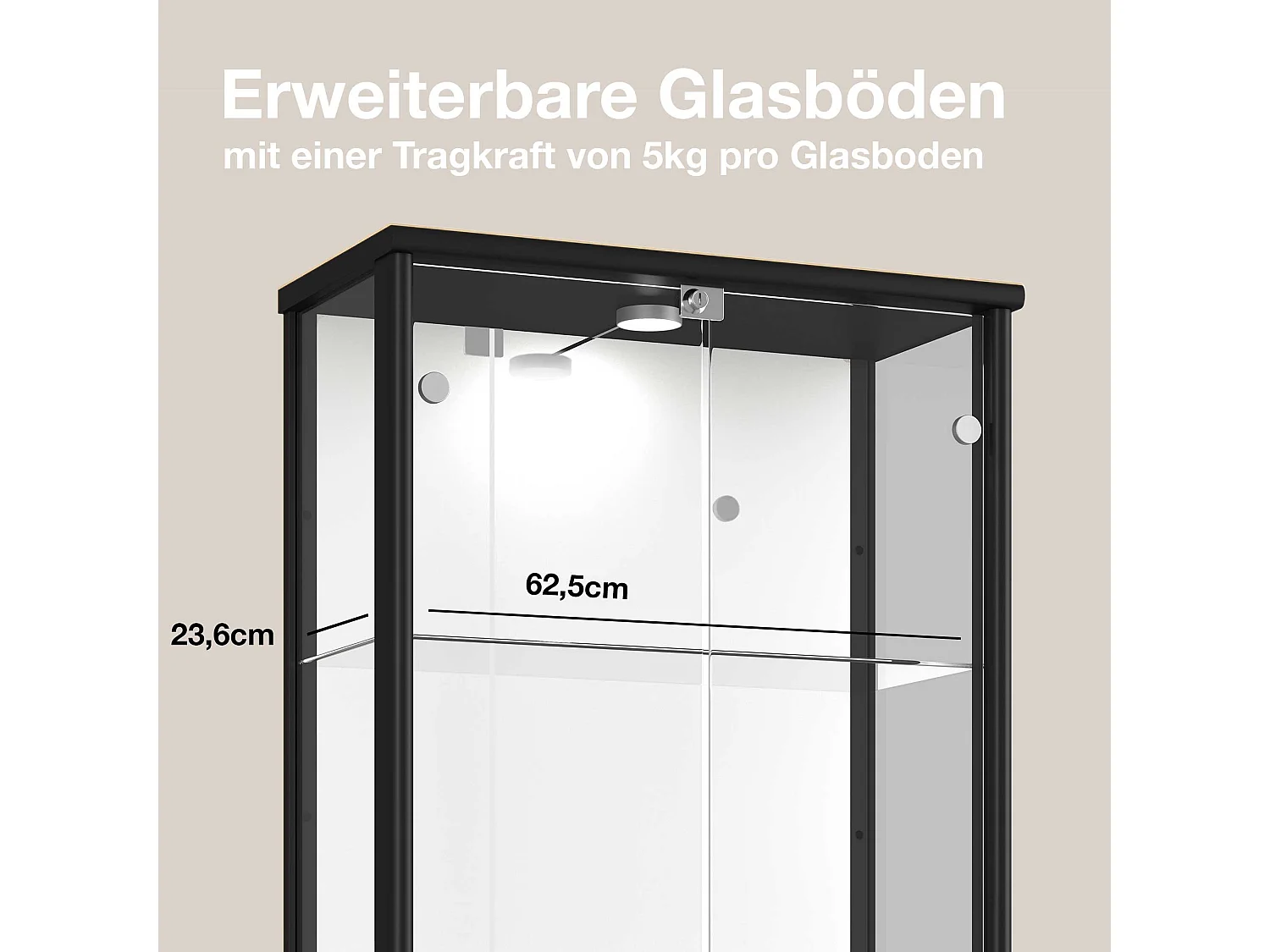 Vitrine sur pied avec 2 portes, 4 étagères en verre réglables en hauteur, miroir & serrure - Avec éclairage LED - 176x67x33 cm - Noir