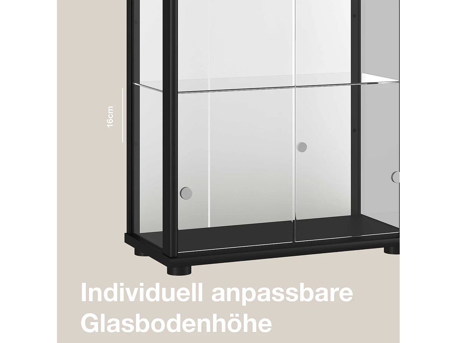 Vitrine sur pied avec 2 portes, 4 étagères en verre réglables en hauteur, miroir & serrure - Avec éclairage LED - 176x67x33 cm - Noir