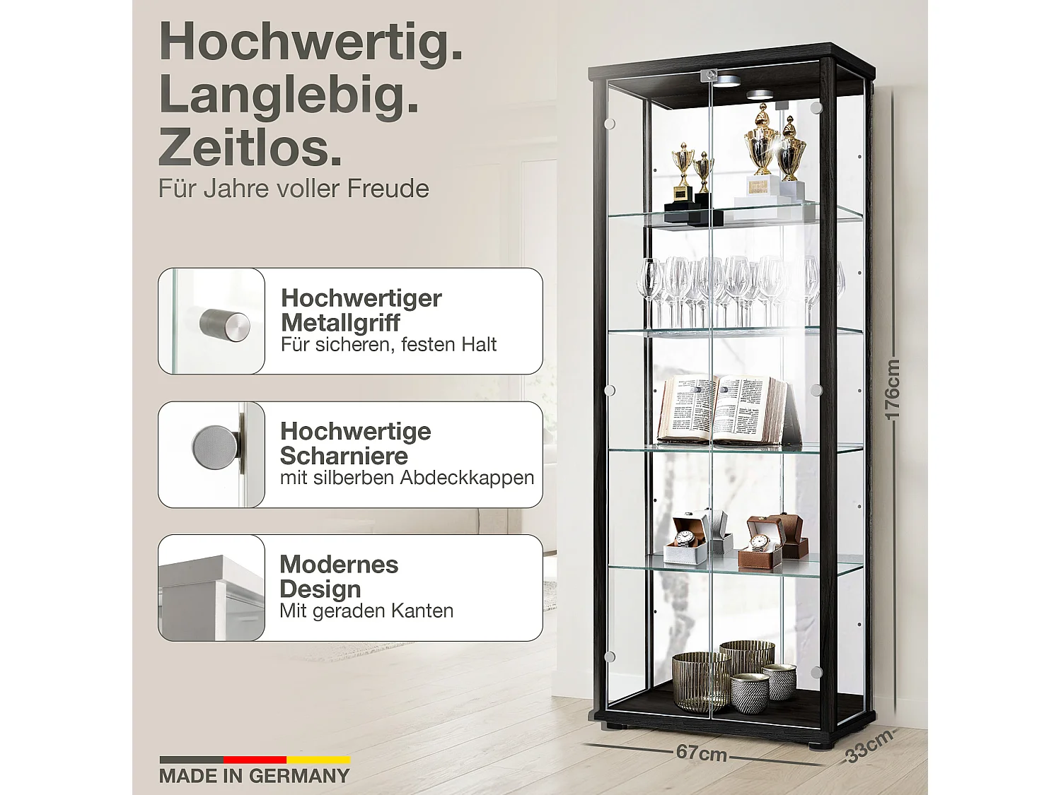 Vitrine sur pied avec 2 portes, 4 étagères en verre réglables en hauteur, miroir & serrure - Avec éclairage LED - 176x67x33 cm - Noir