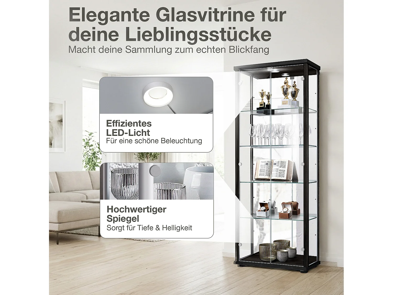 Vitrine sur pied avec 2 portes, 4 étagères en verre réglables en hauteur, miroir & serrure - Avec éclairage LED - 176x67x33 cm - Noir