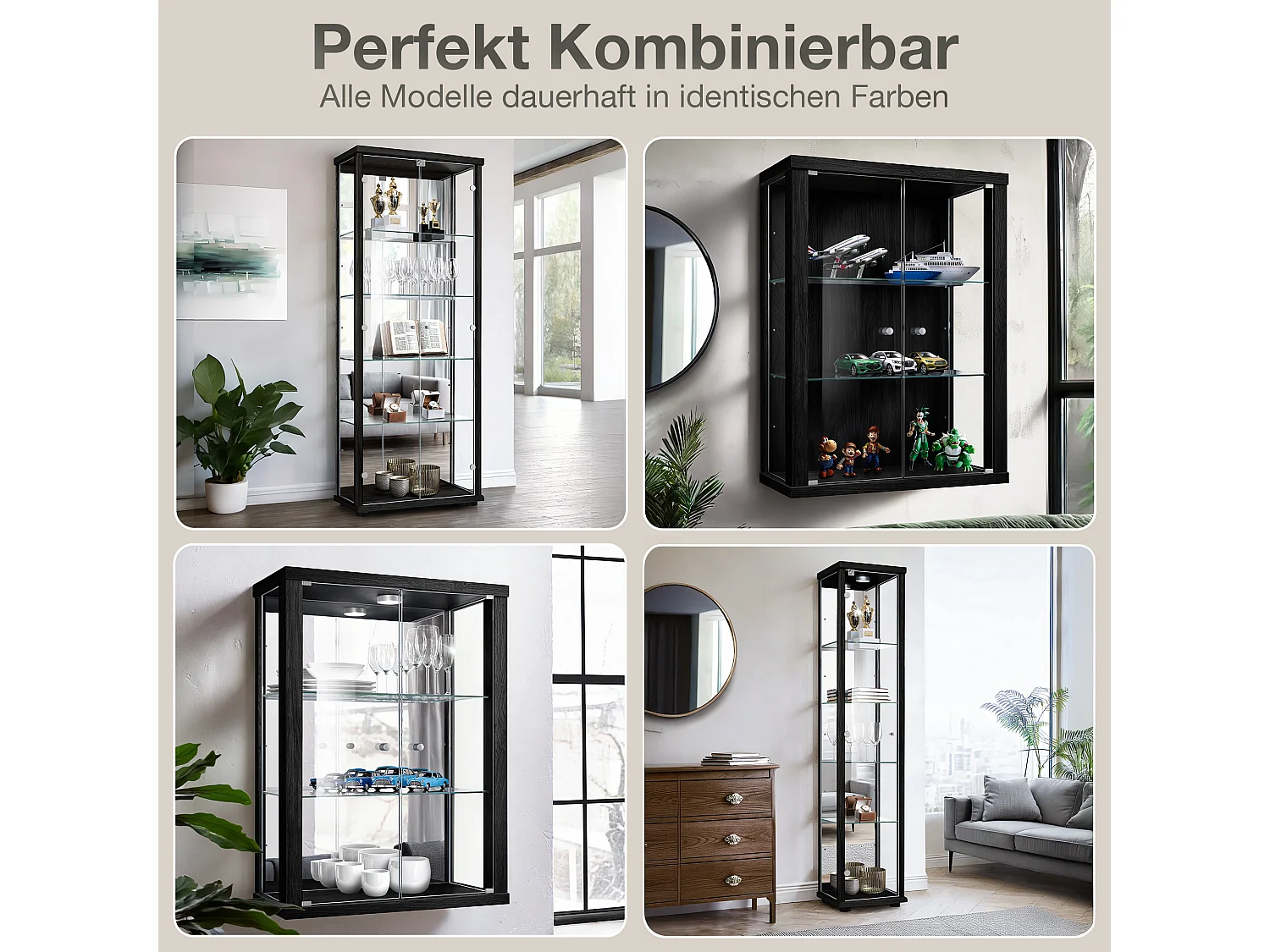 Vitrine sur pied avec 2 portes, 4 étagères en verre réglables en hauteur, miroir & serrure - Avec éclairage LED - 176x67x33 cm - Noir