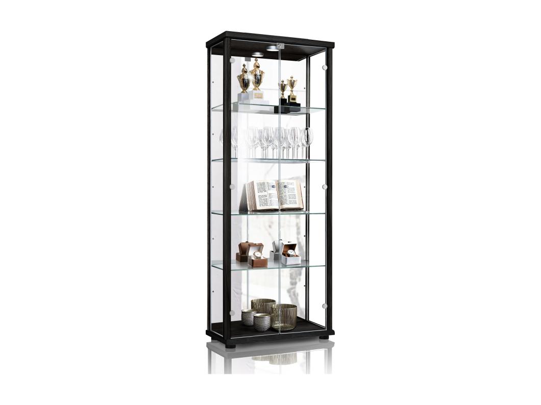 Staande vitrine met 2 deuren, 4 in hoogte verstelbare glasplanken, spiegel & slot - Met LED-verlichting - 176x67x33 cm - Zwart