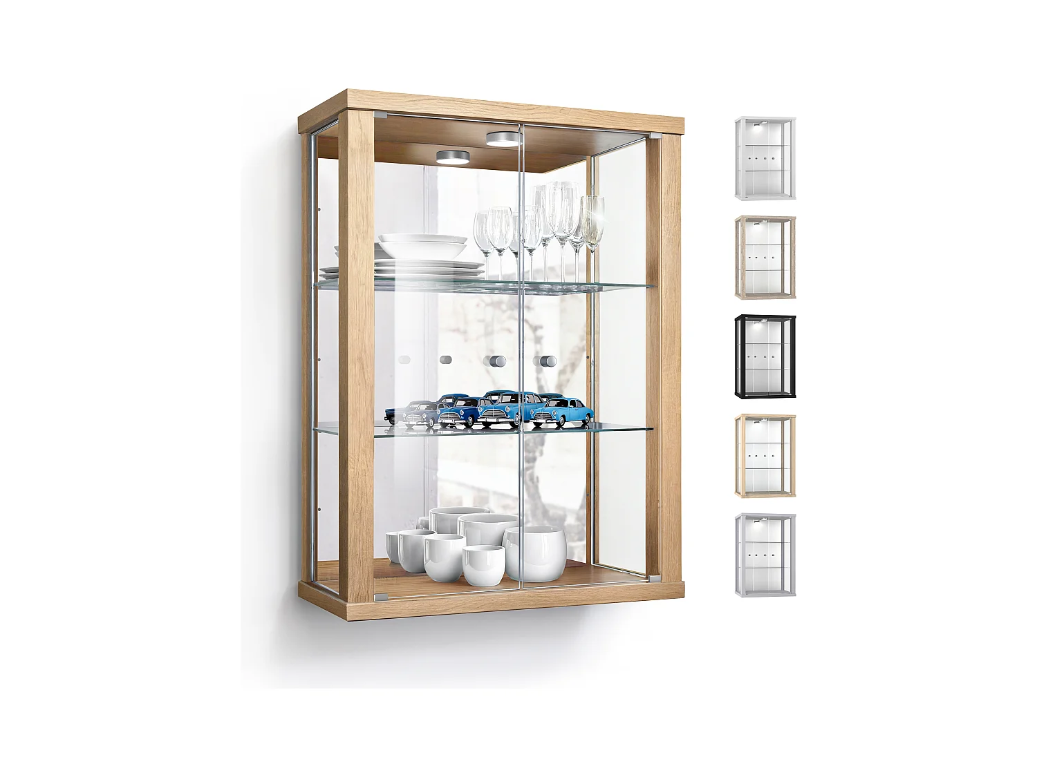 Hängevitrine mit 2 Türen, 2 Höhenverstellbaren Glasböden & Spiegel - Mit LED-Beleuchtung- 80x60x25 cm - Buchefarben