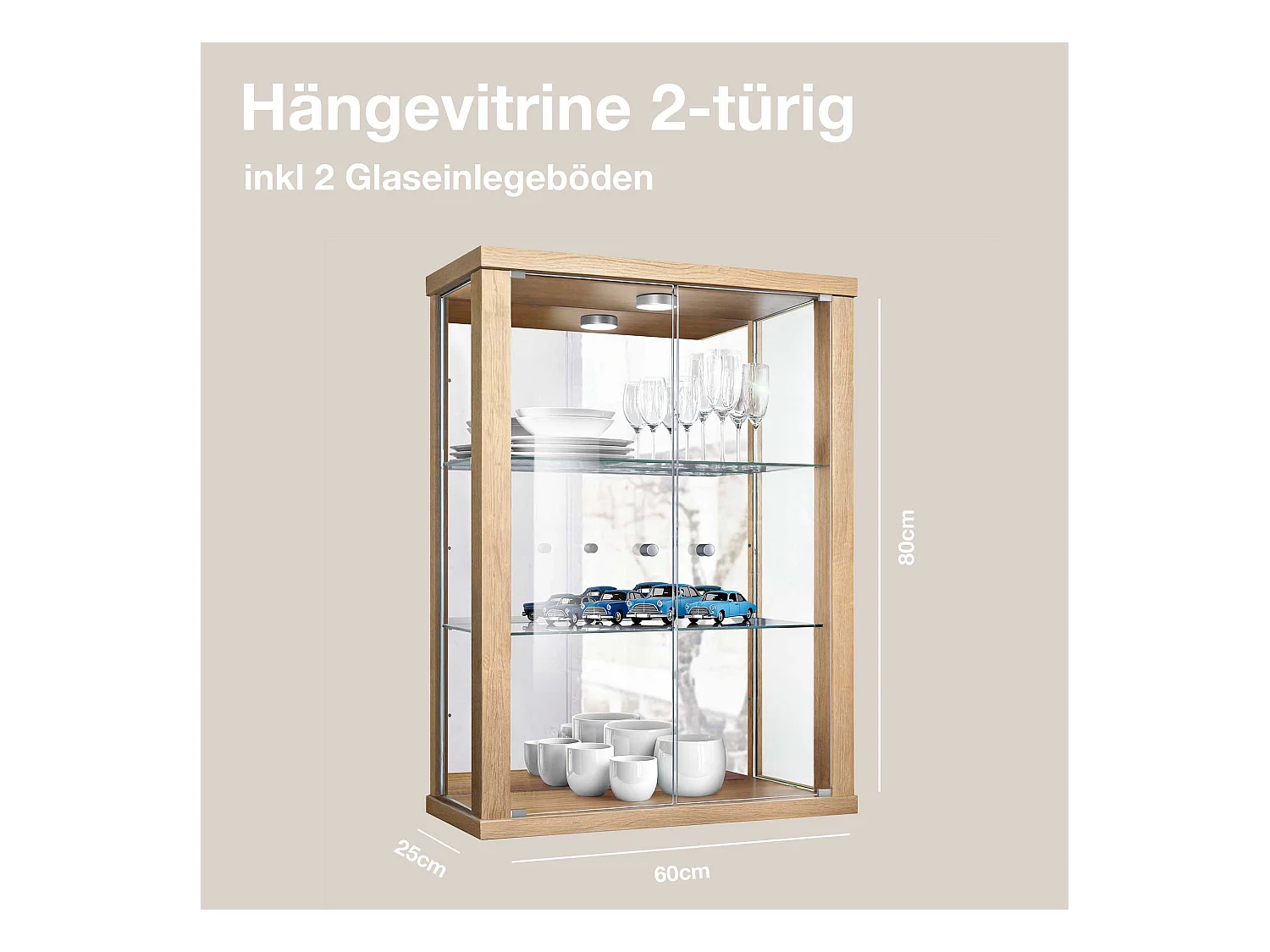 Hängevitrine mit 2 Türen, 2 Höhenverstellbaren Glasböden & Spiegel - Mit LED-Beleuchtung- 80x60x25 cm - Buchefarben