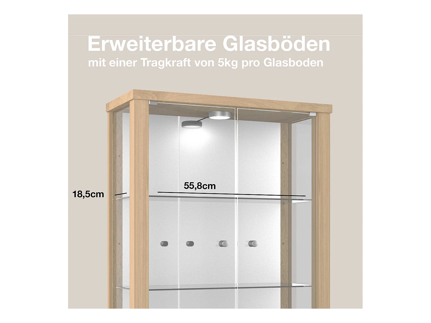 Hängevitrine mit 2 Türen, 2 Höhenverstellbaren Glasböden & Spiegel - Mit LED-Beleuchtung- 80x60x25 cm - Buchefarben