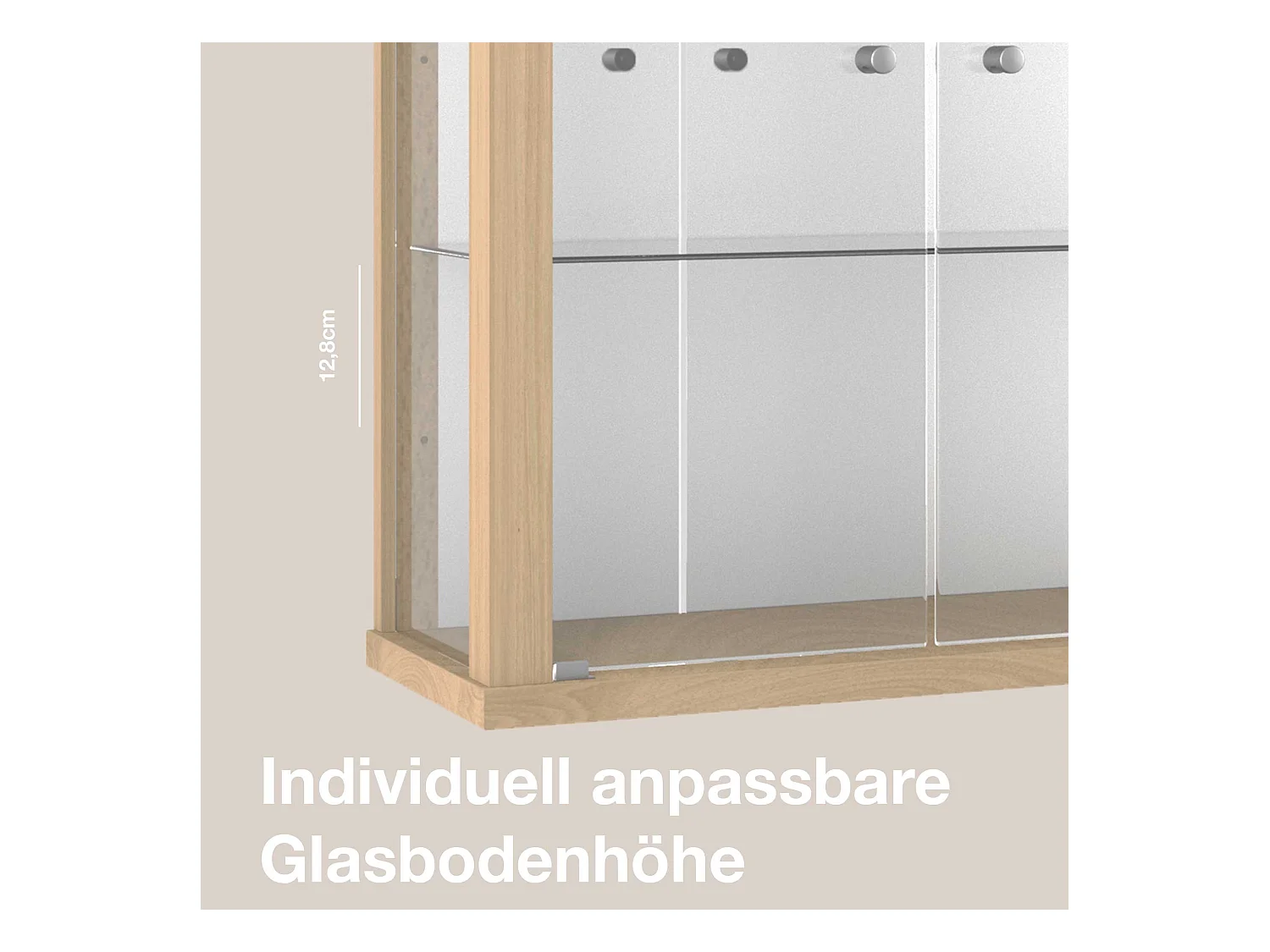 Hängevitrine mit 2 Türen, 2 Höhenverstellbaren Glasböden & Spiegel - Mit LED-Beleuchtung- 80x60x25 cm - Buchefarben