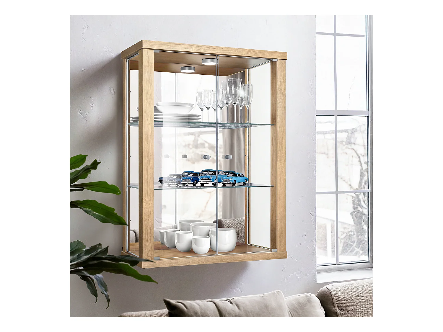 Vitrine murale avec 2 portes, 2 étagères en verre réglables en hauteur & miroir - Avec éclairage LED - 80x60x25 cm - Couleur hêtre