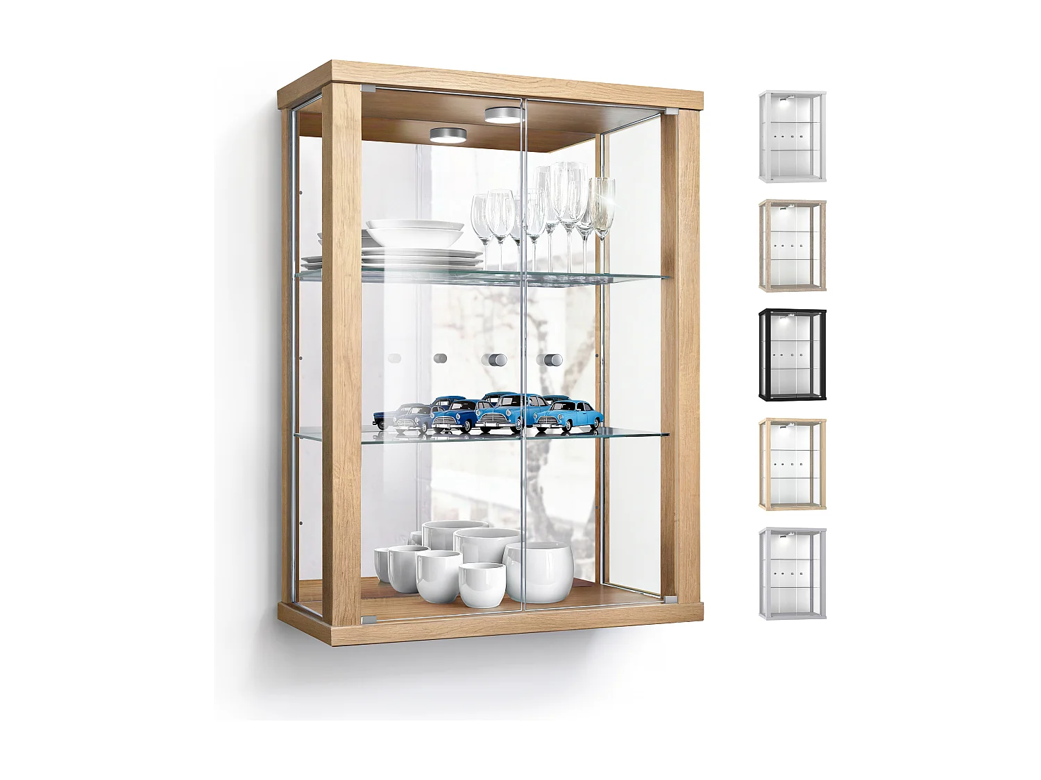 Vitrine murale avec 2 portes, 2 étagères en verre réglables en hauteur & miroir - Avec éclairage LED - 80x60x25 cm - Couleur hêtre