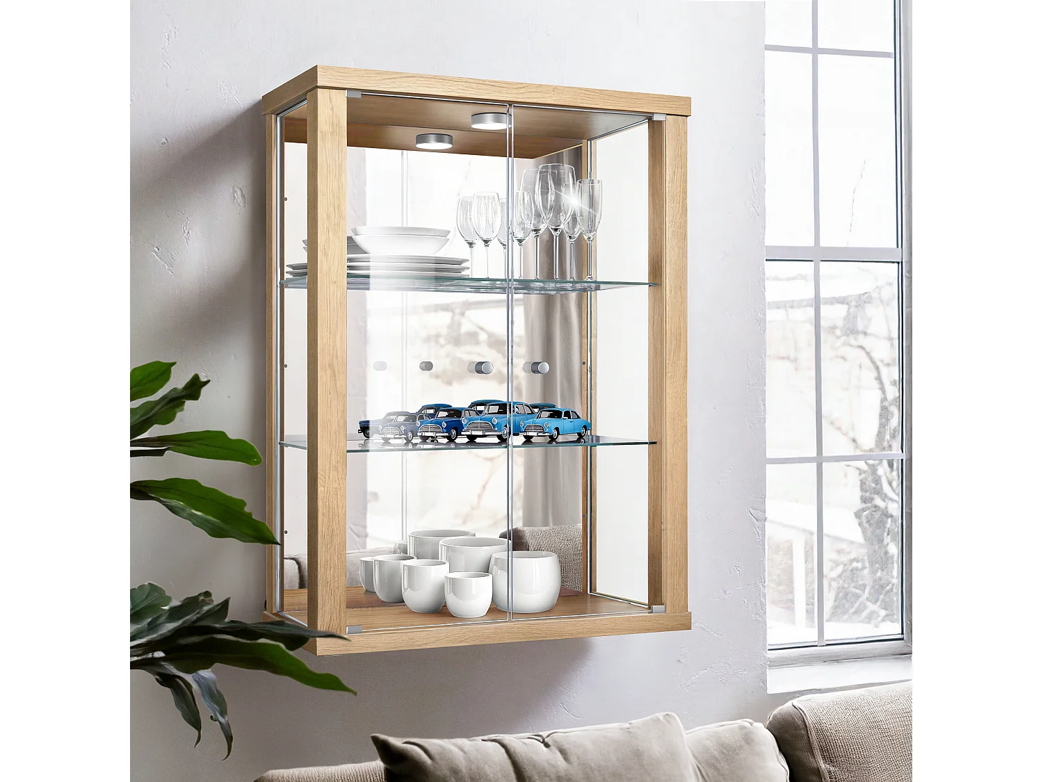 Vitrine murale avec 2 portes, 2 étagères en verre réglables en hauteur & miroir - Avec éclairage LED - 80x60x25 cm - Couleur hêtre