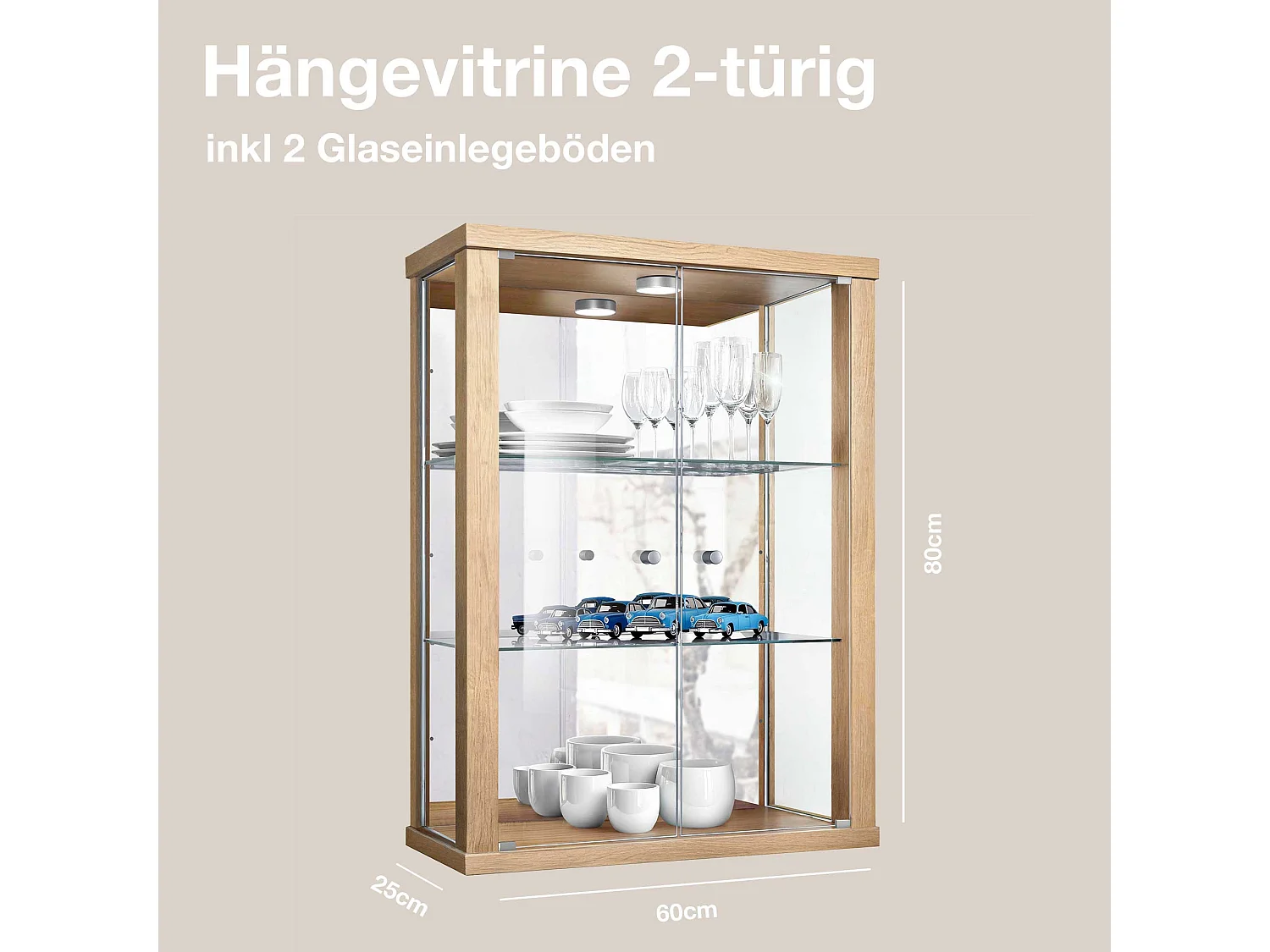 Vitrine murale avec 2 portes, 2 étagères en verre réglables en hauteur & miroir - Avec éclairage LED - 80x60x25 cm - Couleur hêtre