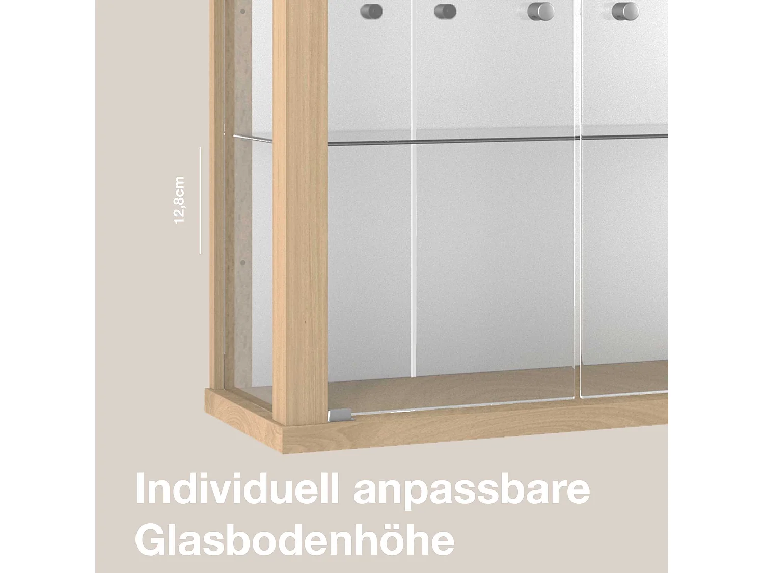 Vitrine murale avec 2 portes, 2 étagères en verre réglables en hauteur & miroir - Avec éclairage LED - 80x60x25 cm - Couleur hêtre