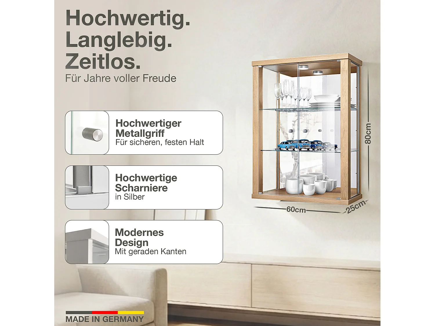 Vitrine murale avec 2 portes, 2 étagères en verre réglables en hauteur & miroir - Avec éclairage LED - 80x60x25 cm - Couleur hêtre