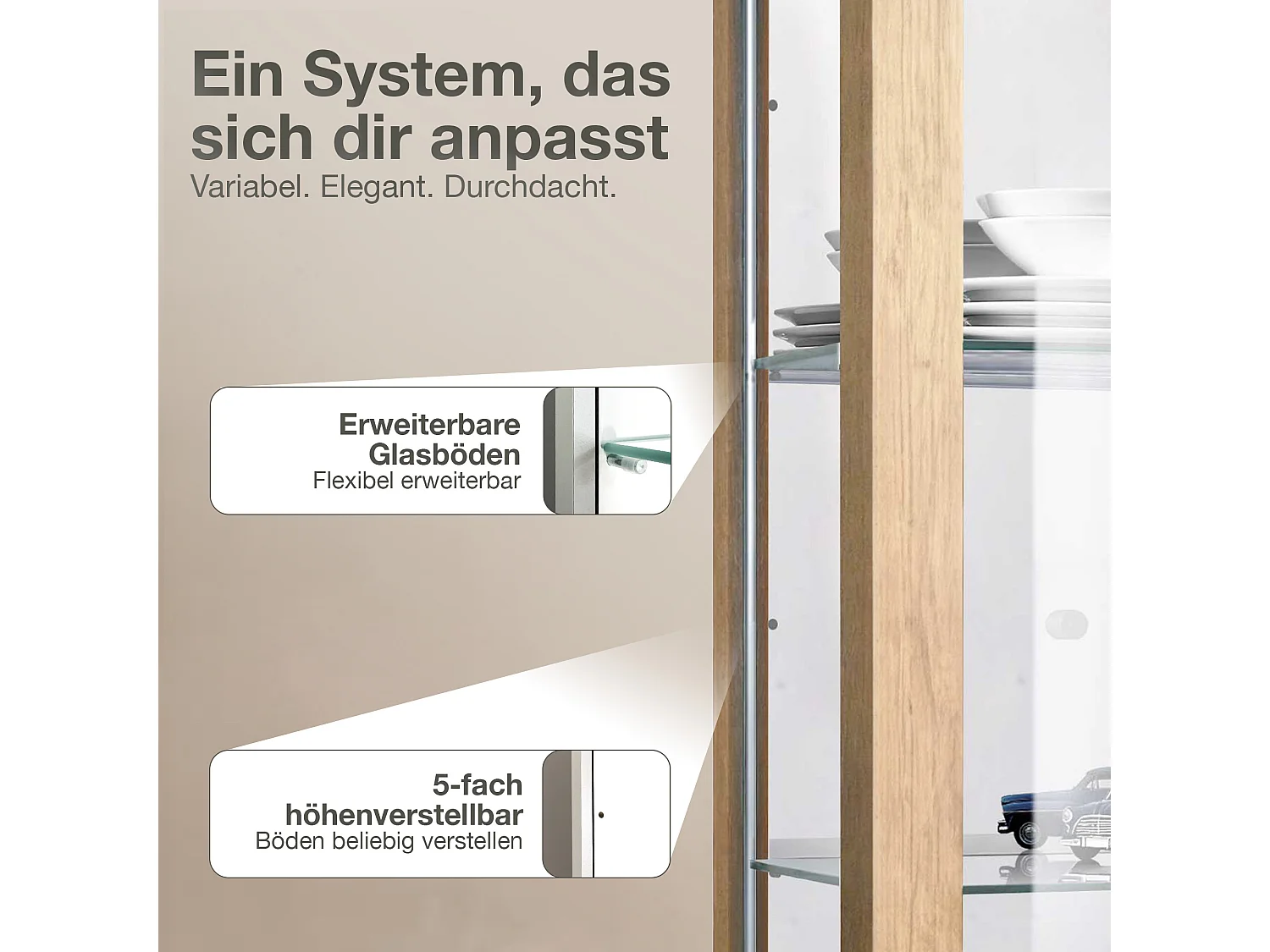 Vitrine murale avec 2 portes, 2 étagères en verre réglables en hauteur & miroir - Avec éclairage LED - 80x60x25 cm - Couleur hêtre