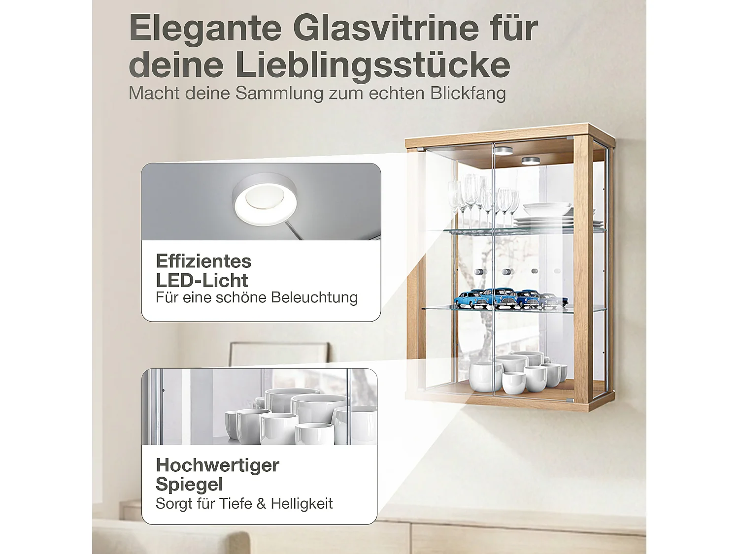 Vitrine murale avec 2 portes, 2 étagères en verre réglables en hauteur & miroir - Avec éclairage LED - 80x60x25 cm - Couleur hêtre