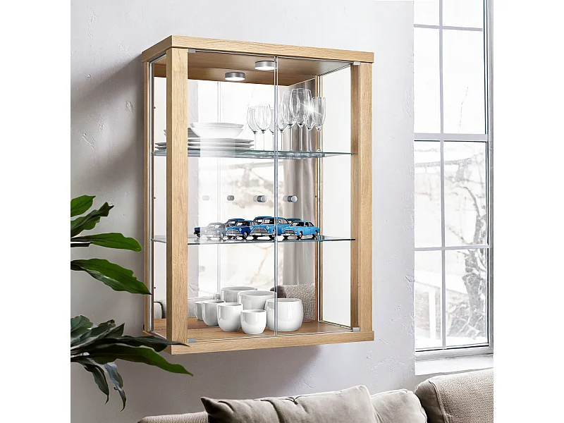 Vitrine murale avec 2 portes, 2 étagères en verre réglables en hauteur & miroir - Avec éclairage LED - 80x60x25 cm - Couleur hêtre