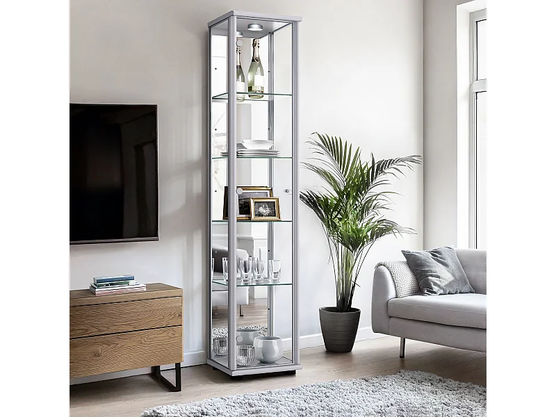 Vitrine sur pied avec 1 porte, 4 étagères en verre réglables en hauteur & miroir - Avec éclairage LED - 176x37x33 cm - Couleur argentée