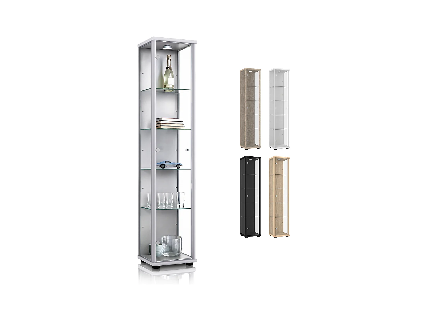 Standvitrine mit 1 Tür, 4 Höhenverstellbaren Glasböden & Spiegel - Mit LED-Beleuchtung- 176x37x33 cm - Silberfarben