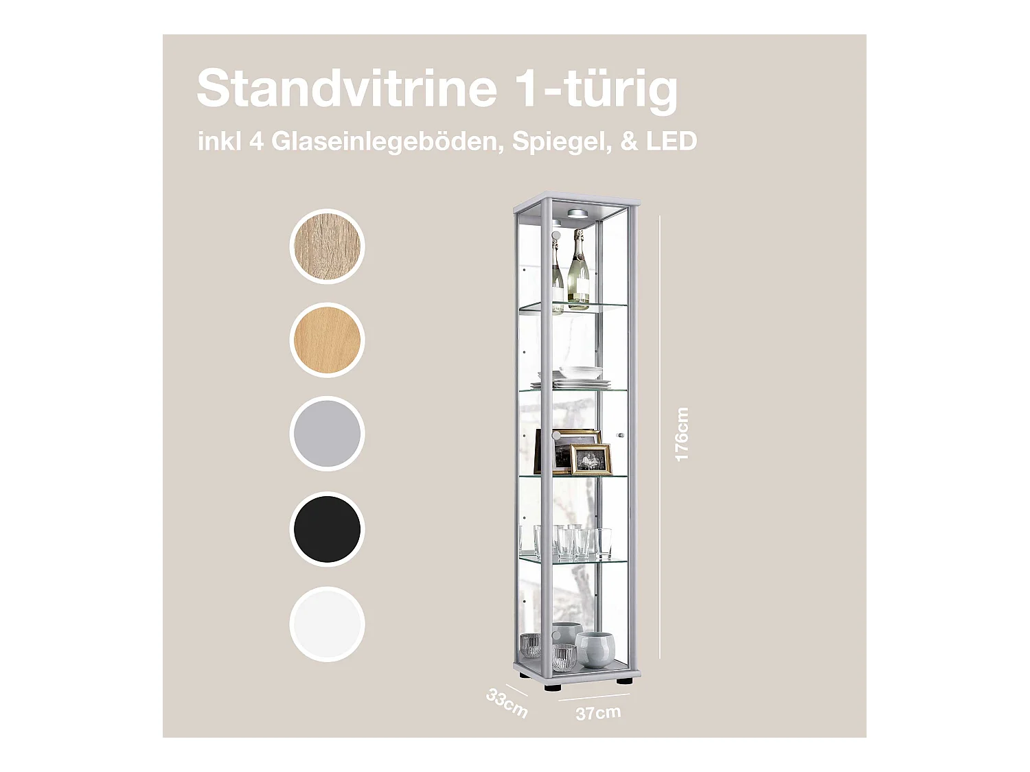 Standvitrine mit 1 Tür, 4 Höhenverstellbaren Glasböden & Spiegel - Mit LED-Beleuchtung- 176x37x33 cm - Silberfarben