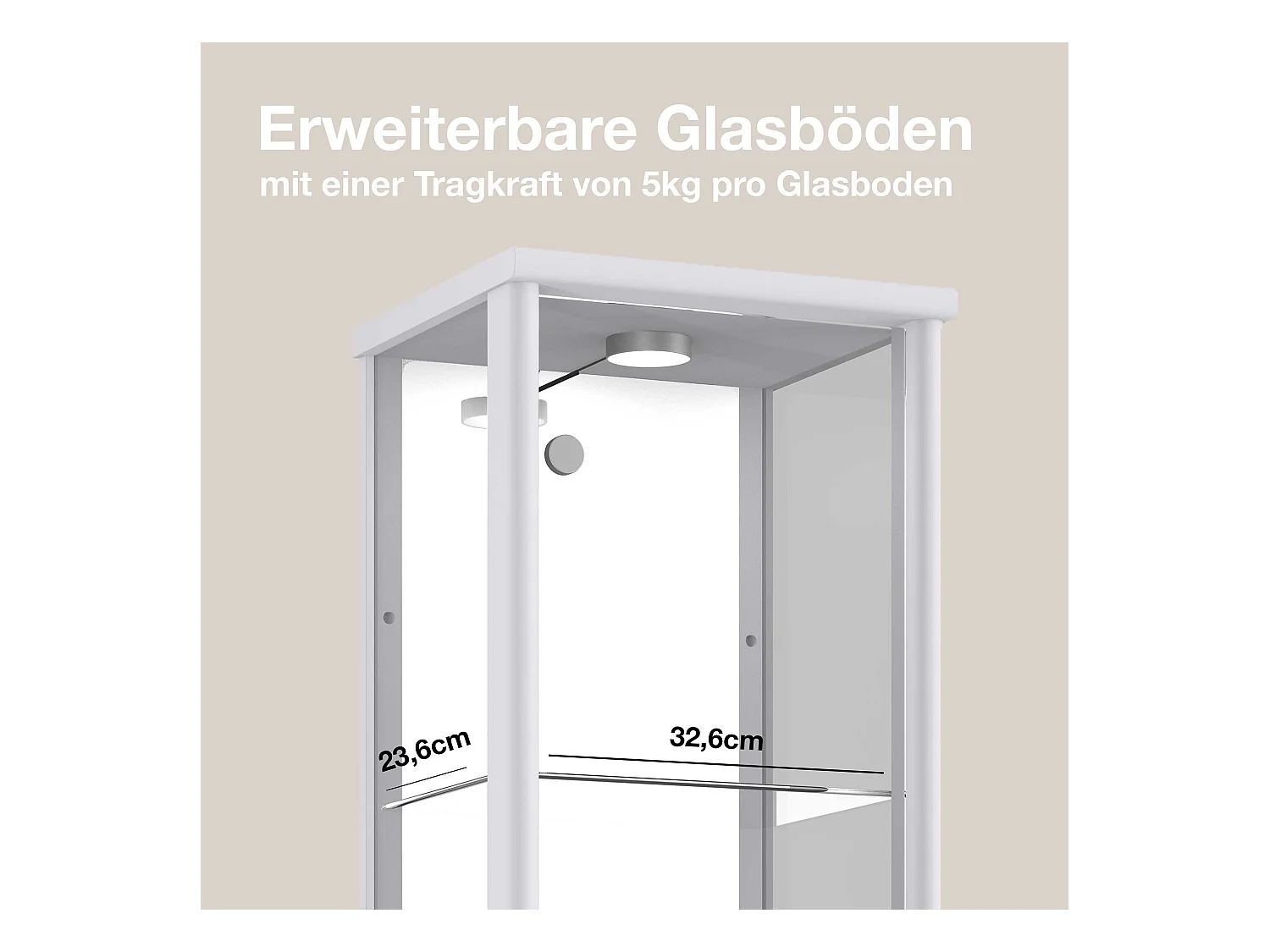 Standvitrine mit 1 Tür, 4 Höhenverstellbaren Glasböden & Spiegel - Mit LED-Beleuchtung- 176x37x33 cm - Silberfarben