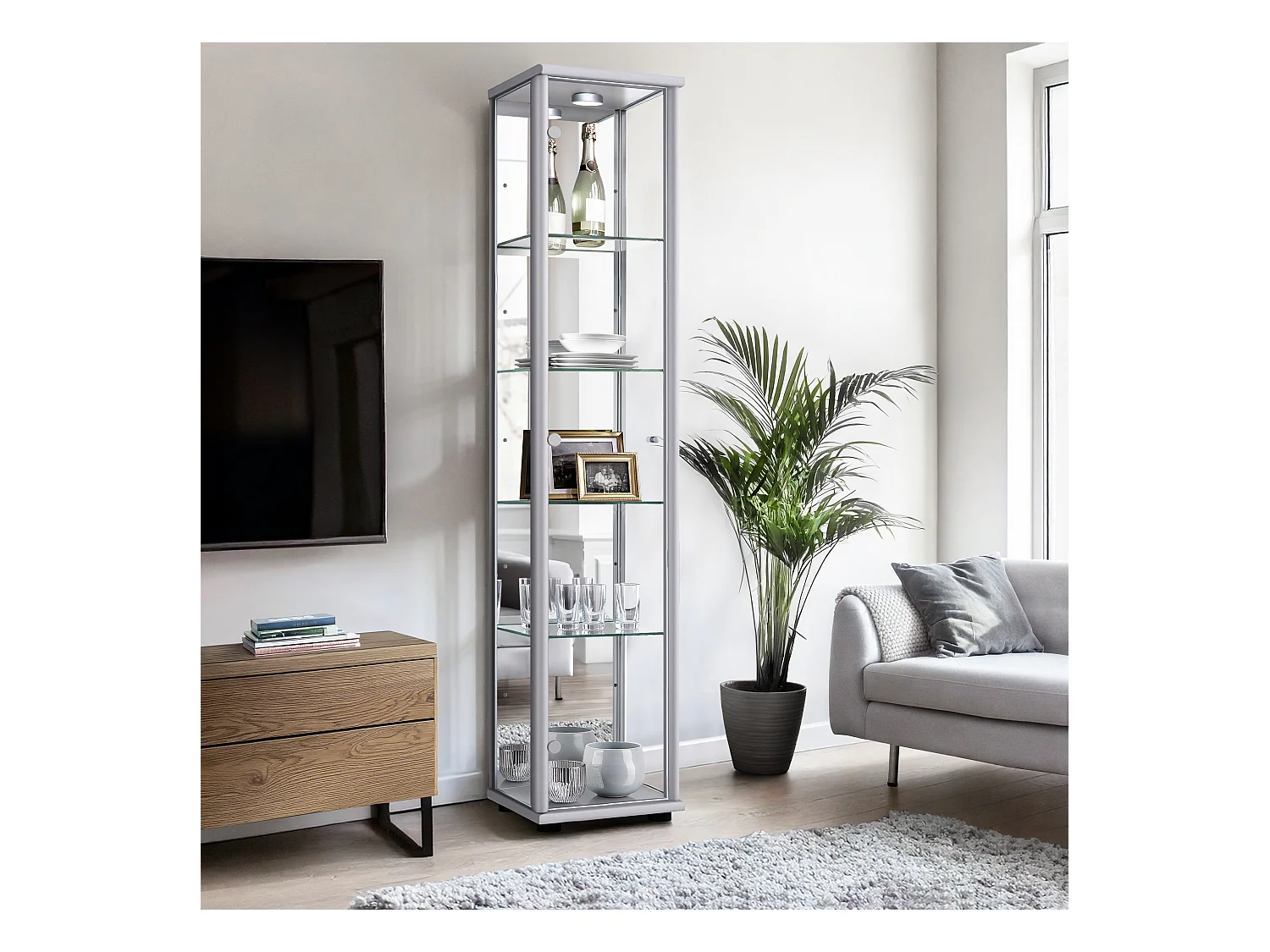 Vitrine sur pied avec 1 porte, 4 étagères en verre réglables en hauteur & miroir - Avec éclairage LED - 176x37x33 cm - Couleur argentée
