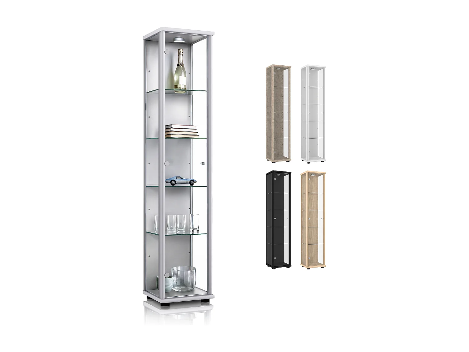 Vitrine sur pied avec 1 porte, 4 étagères en verre réglables en hauteur & miroir - Avec éclairage LED - 176x37x33 cm - Couleur argentée