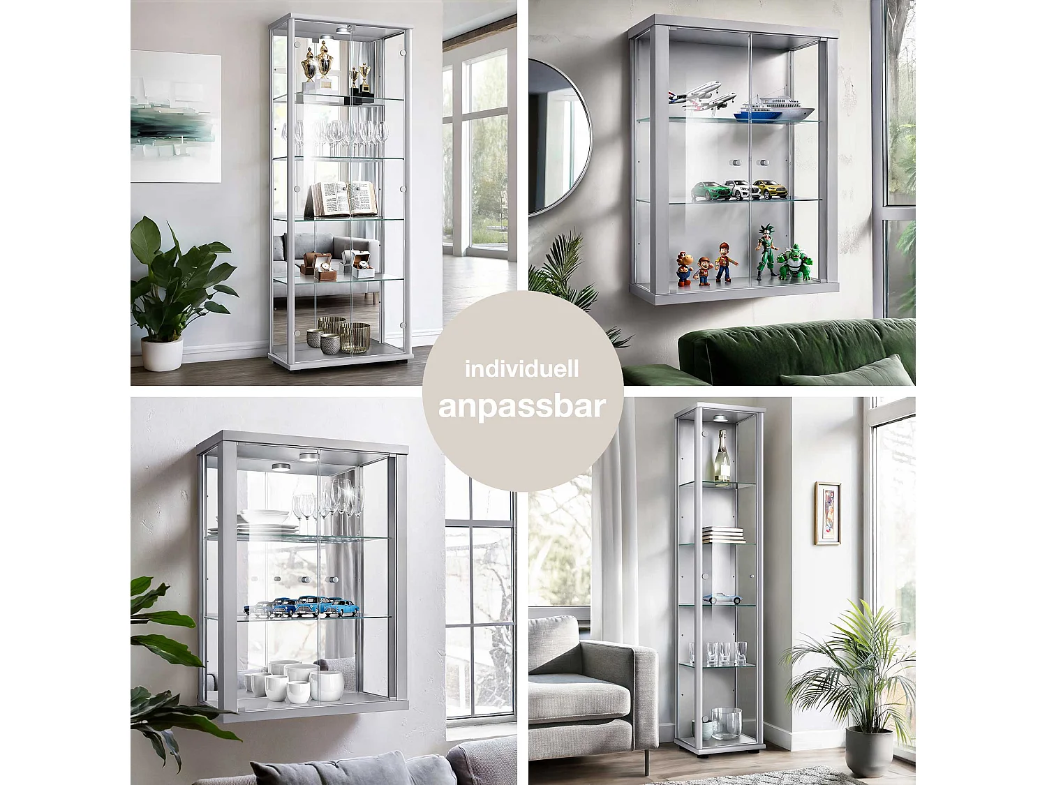 Vitrine sur pied avec 1 porte, 4 étagères en verre réglables en hauteur & miroir - Avec éclairage LED - 176x37x33 cm - Couleur argentée