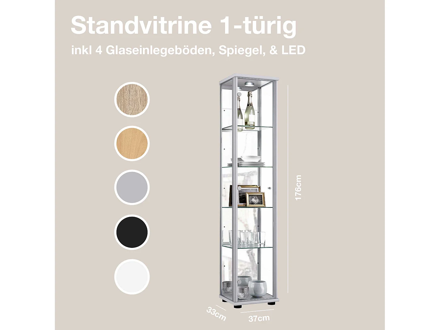 Vitrine sur pied avec 1 porte, 4 étagères en verre réglables en hauteur & miroir - Avec éclairage LED - 176x37x33 cm - Couleur argentée