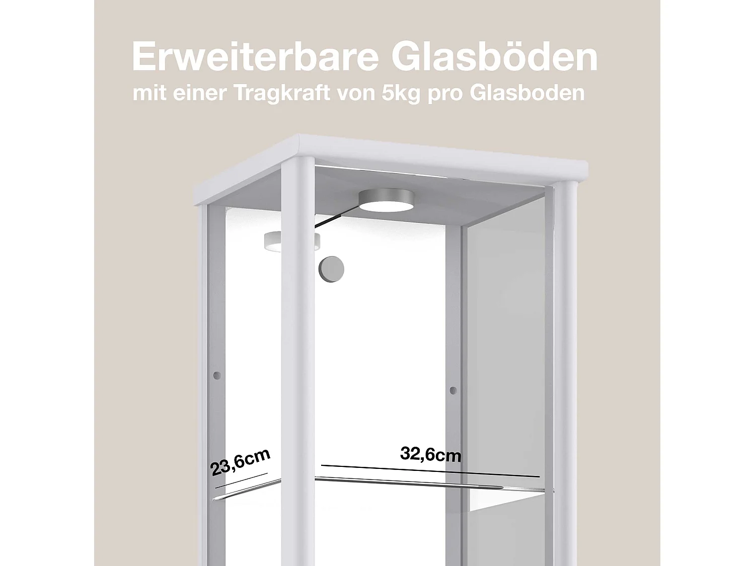 Vitrine sur pied avec 1 porte, 4 étagères en verre réglables en hauteur & miroir - Avec éclairage LED - 176x37x33 cm - Couleur argentée