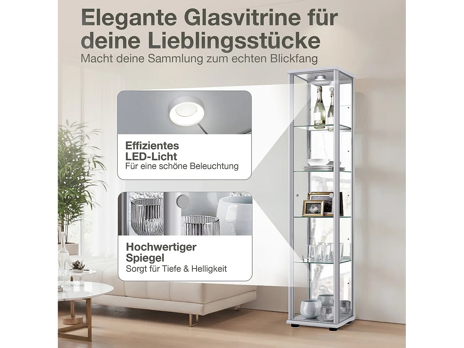 Vitrine sur pied avec 1 porte, 4 étagères en verre réglables en hauteur & miroir - Avec éclairage LED - 176x37x33 cm - Couleur argentée