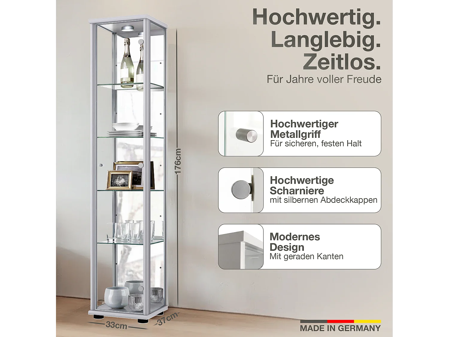 Staande vitrine met 1 deur, 4 in hoogte verstelbare glasplanken & spiegel - Met LED-verlichting - 176x37x33 cm - Zilverkleurig