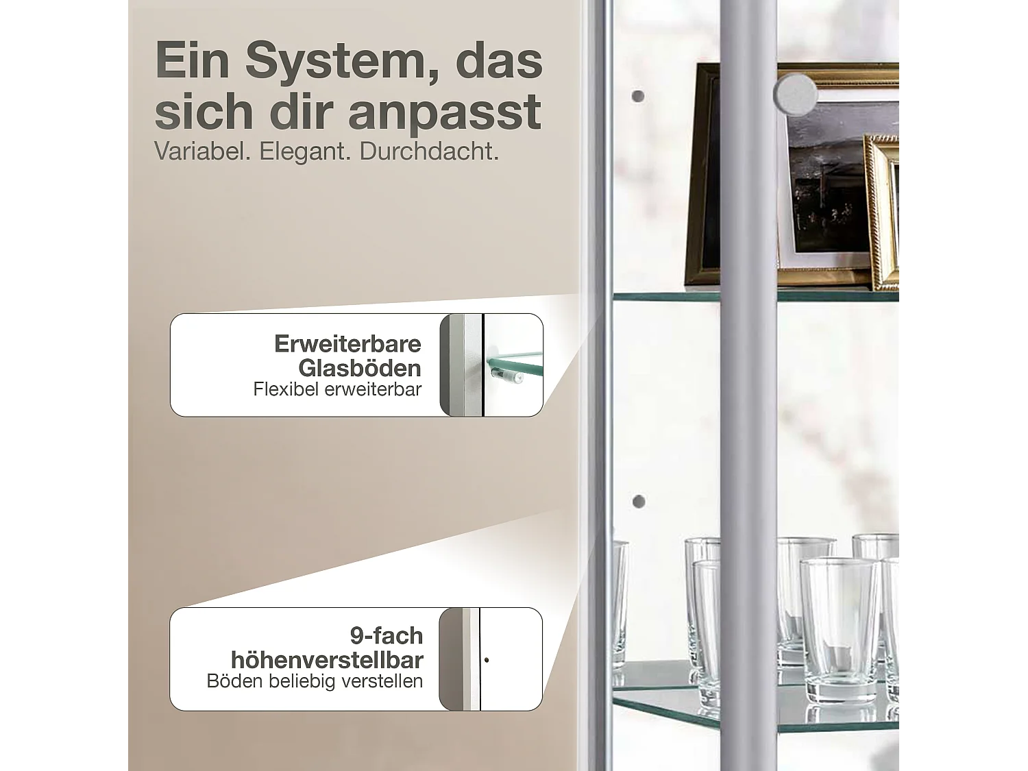 Staande vitrine met 1 deur, 4 in hoogte verstelbare glasplanken & spiegel - Met LED-verlichting - 176x37x33 cm - Zilverkleurig