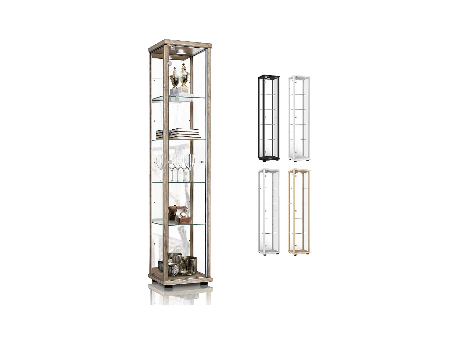 Staande vitrine met 1 deur, 4 in hoogte verstelbare glasplanken, spiegel & slot - Met LED-verlichting - 176x37x33 cm - Sonoma eiken