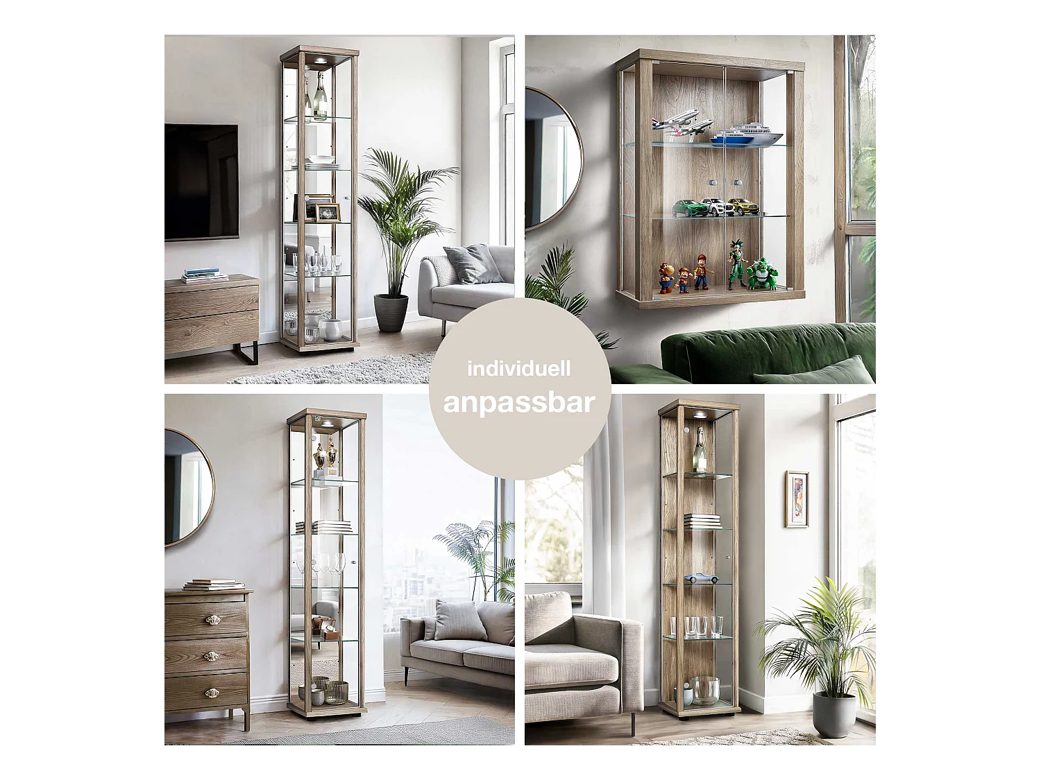 Staande vitrine met 1 deur, 4 in hoogte verstelbare glasplanken, spiegel & slot - Met LED-verlichting - 176x37x33 cm - Sonoma eiken