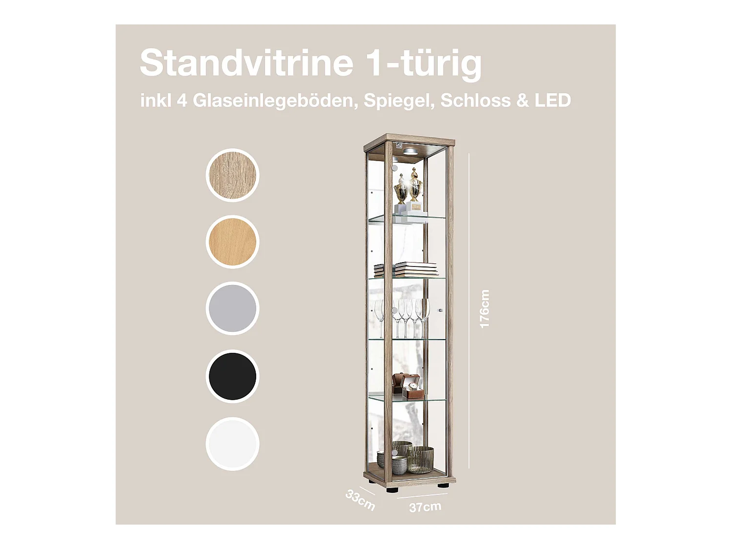Staande vitrine met 1 deur, 4 in hoogte verstelbare glasplanken, spiegel & slot - Met LED-verlichting - 176x37x33 cm - Sonoma eiken