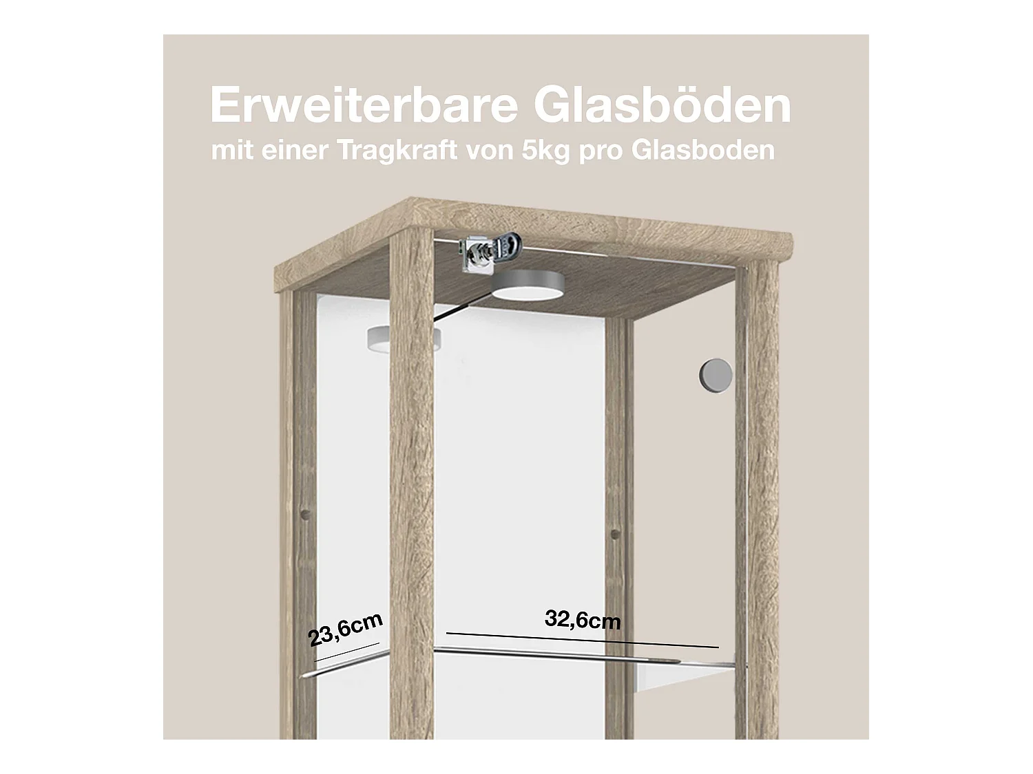 Staande vitrine met 1 deur, 4 in hoogte verstelbare glasplanken, spiegel & slot - Met LED-verlichting - 176x37x33 cm - Sonoma eiken