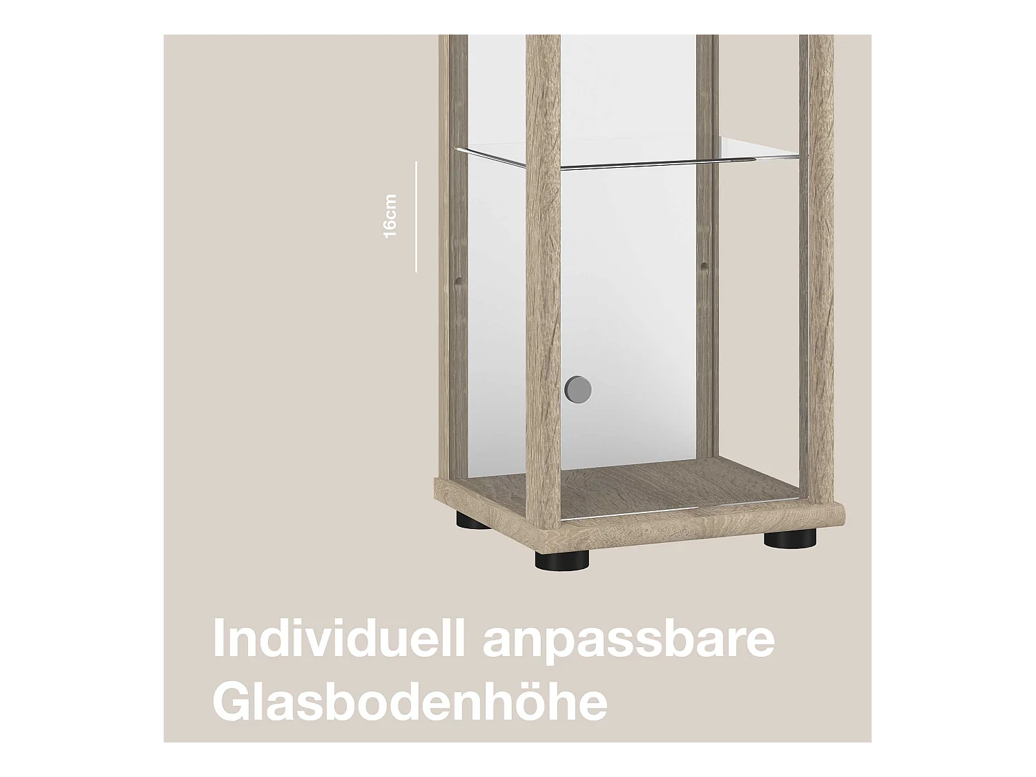 Staande vitrine met 1 deur, 4 in hoogte verstelbare glasplanken, spiegel & slot - Met LED-verlichting - 176x37x33 cm - Sonoma eiken
