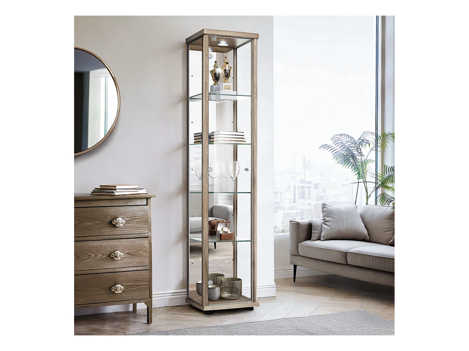 Vitrine sur pied avec 1 porte, 4 étagères en verre réglables en hauteur, miroir & serrure - Avec éclairage LED - 176x37x33 cm - Chêne Sonoma