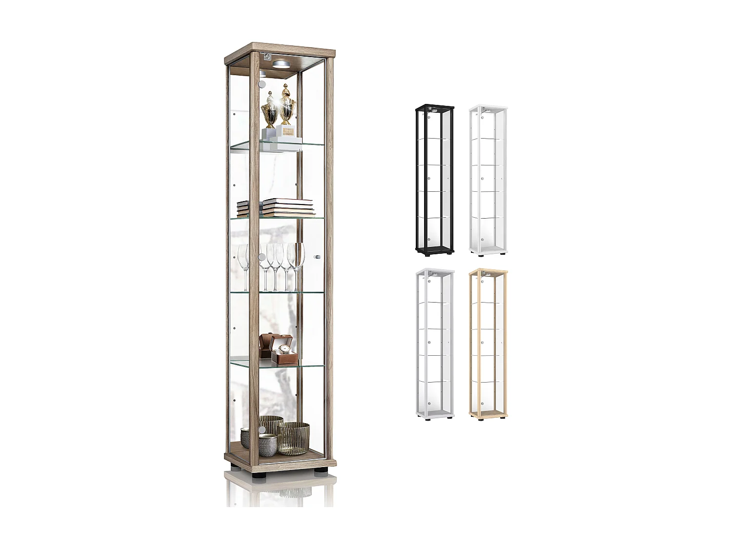 Vitrine sur pied avec 1 porte, 4 étagères en verre réglables en hauteur, miroir & serrure - Avec éclairage LED - 176x37x33 cm - Chêne Sonoma