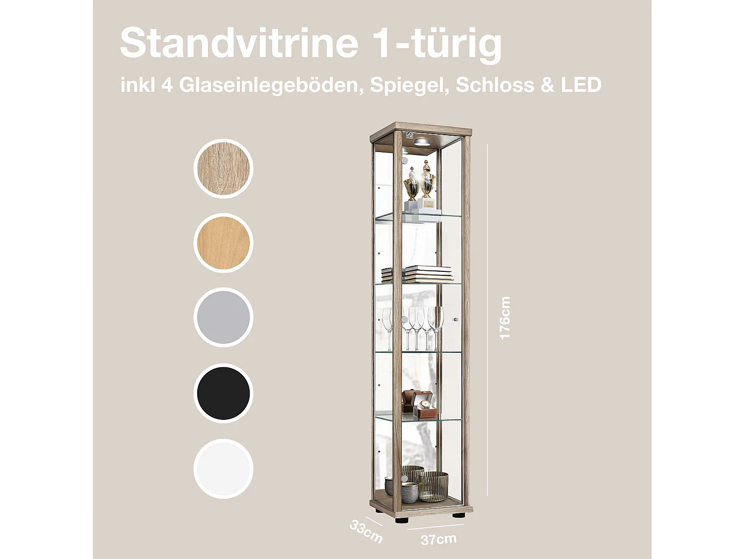 Vitrine sur pied avec 1 porte, 4 étagères en verre réglables en hauteur, miroir & serrure - Avec éclairage LED - 176x37x33 cm - Chêne Sonoma
