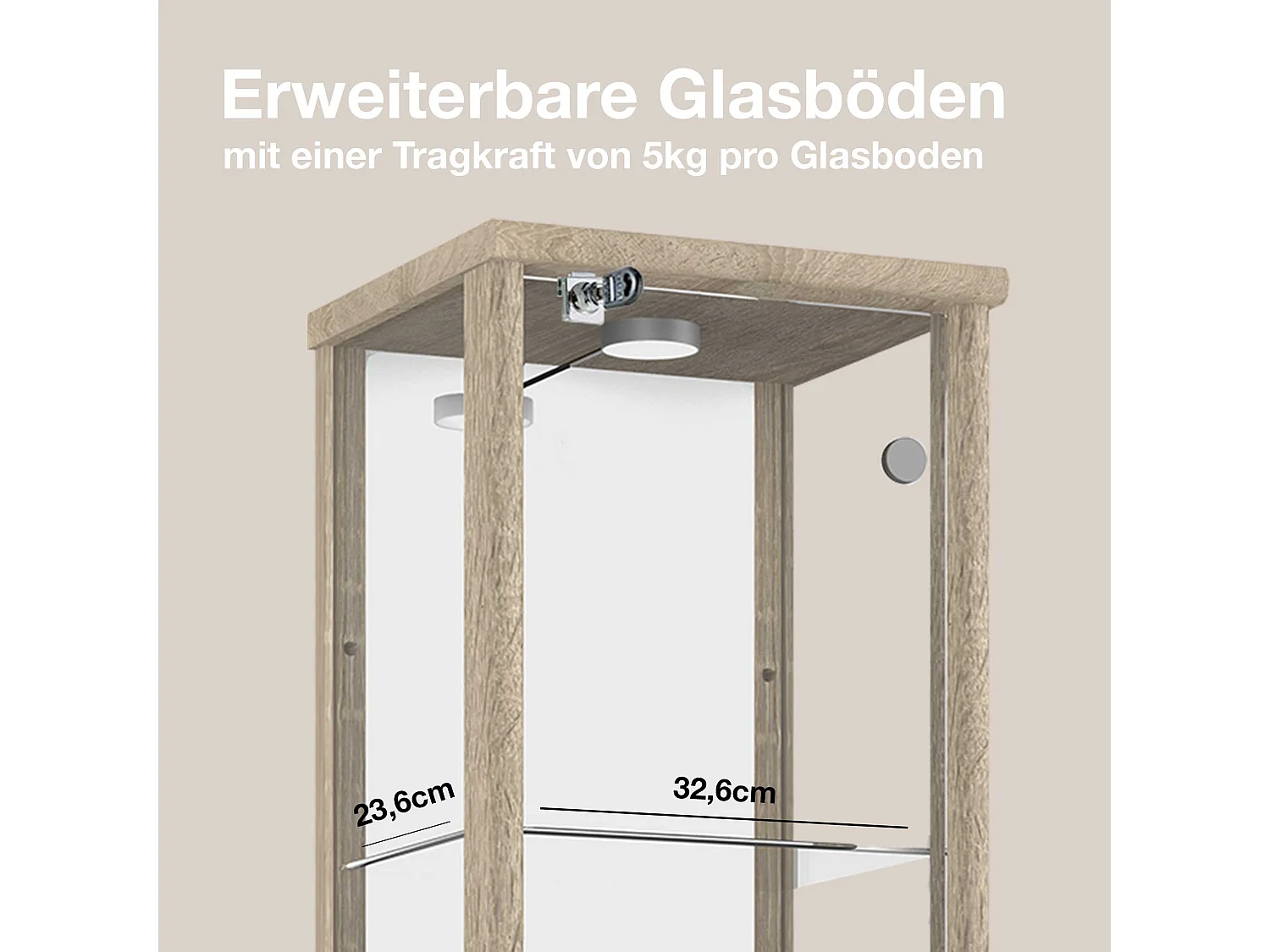 Vitrine sur pied avec 1 porte, 4 étagères en verre réglables en hauteur, miroir & serrure - Avec éclairage LED - 176x37x33 cm - Chêne Sonoma