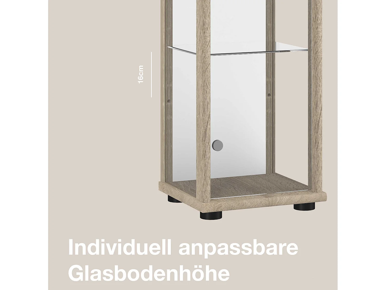 Vitrine sur pied avec 1 porte, 4 étagères en verre réglables en hauteur, miroir & serrure - Avec éclairage LED - 176x37x33 cm - Chêne Sonoma