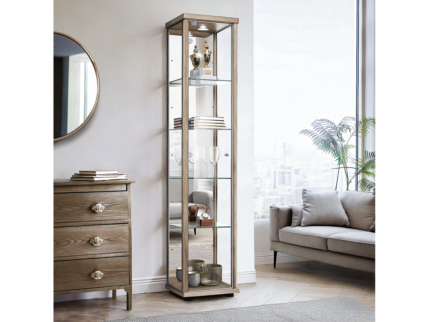 Vitrine sur pied avec 1 porte, 4 étagères en verre réglables en hauteur, miroir & serrure - Avec éclairage LED - 176x37x33 cm - Chêne Sonoma