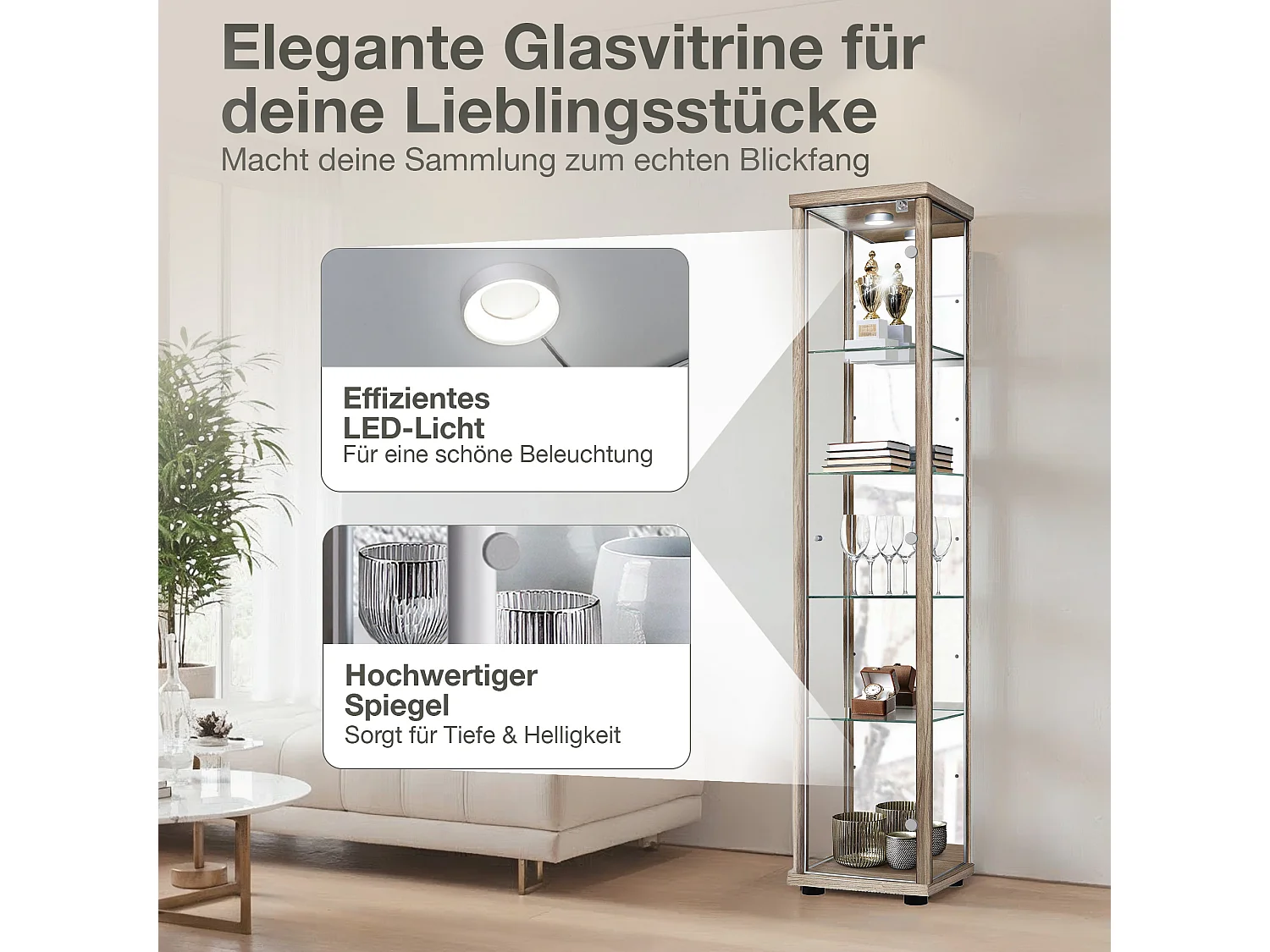 Vitrine sur pied avec 1 porte, 4 étagères en verre réglables en hauteur, miroir & serrure - Avec éclairage LED - 176x37x33 cm - Chêne Sonoma