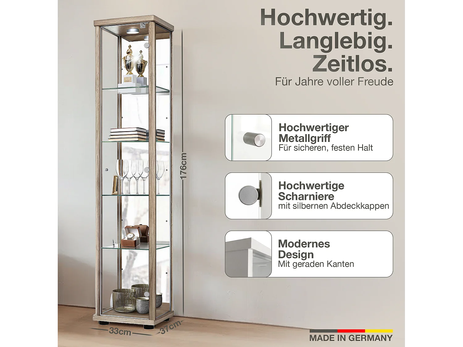 Vitrine sur pied avec 1 porte, 4 étagères en verre réglables en hauteur, miroir & serrure - Avec éclairage LED - 176x37x33 cm - Chêne Sonoma