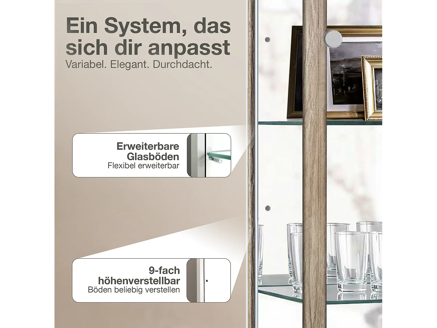 Vitrine sur pied avec 1 porte, 4 étagères en verre réglables en hauteur, miroir & serrure - Avec éclairage LED - 176x37x33 cm - Chêne Sonoma