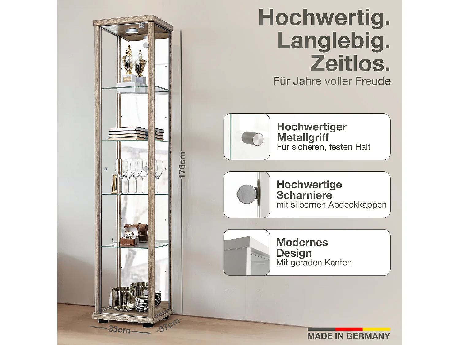 Vitrine sur pied avec 1 porte, 4 étagères en verre réglables en hauteur, miroir & serrure - Avec éclairage LED - 176x37x33 cm - Chêne Sonoma