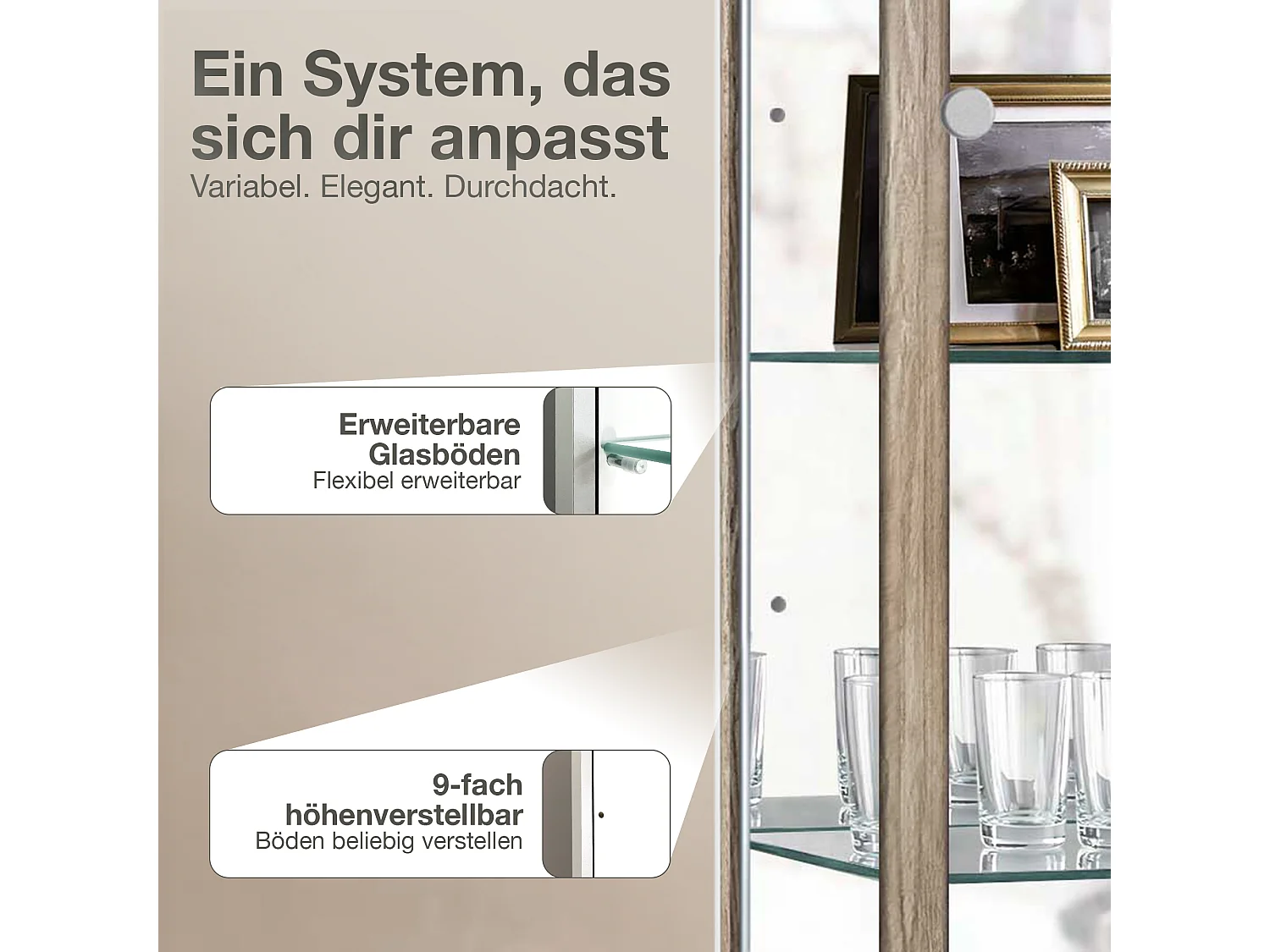 Vitrine sur pied avec 1 porte, 4 étagères en verre réglables en hauteur, miroir & serrure - Avec éclairage LED - 176x37x33 cm - Chêne Sonoma