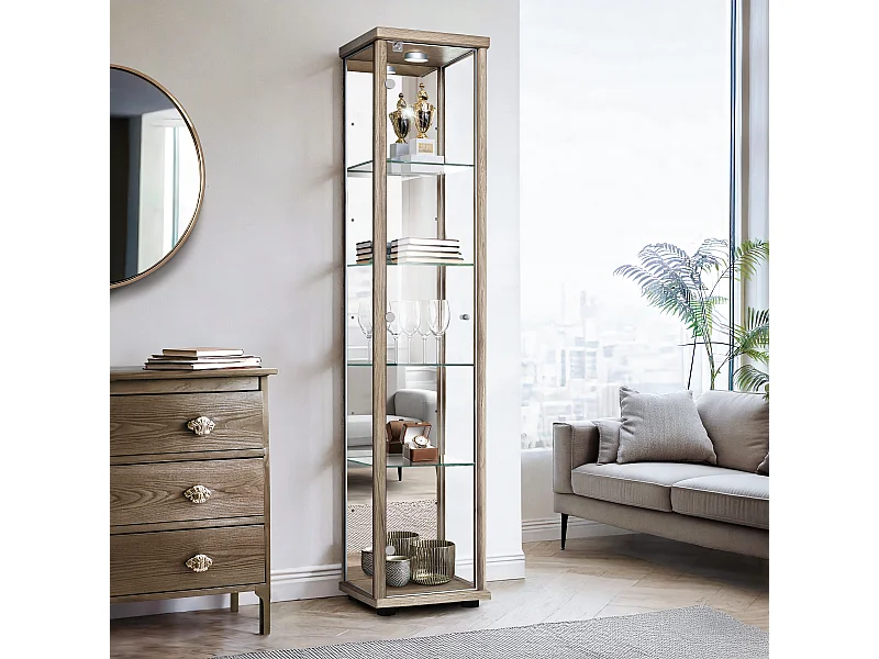 Vitrine sur pied avec 1 porte, 4 étagères en verre réglables en hauteur, miroir & serrure - Avec éclairage LED - 176x37x33 cm - Chêne Sonoma