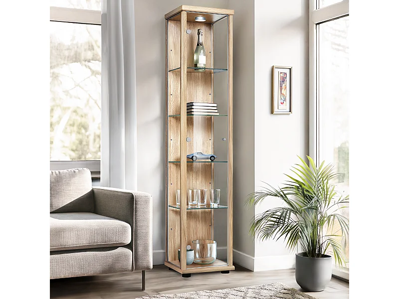 Vitrine sur pied avec 1 porte, 4 étagères en verre réglables en hauteur - Avec éclairage LED - 176x37x33 cm - Couleur hêtre